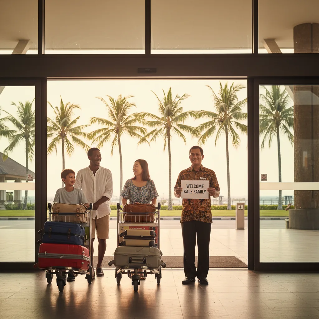 First-time traveler arriving at Bali Ngurah Rai Airport with traditional Balinese welcome