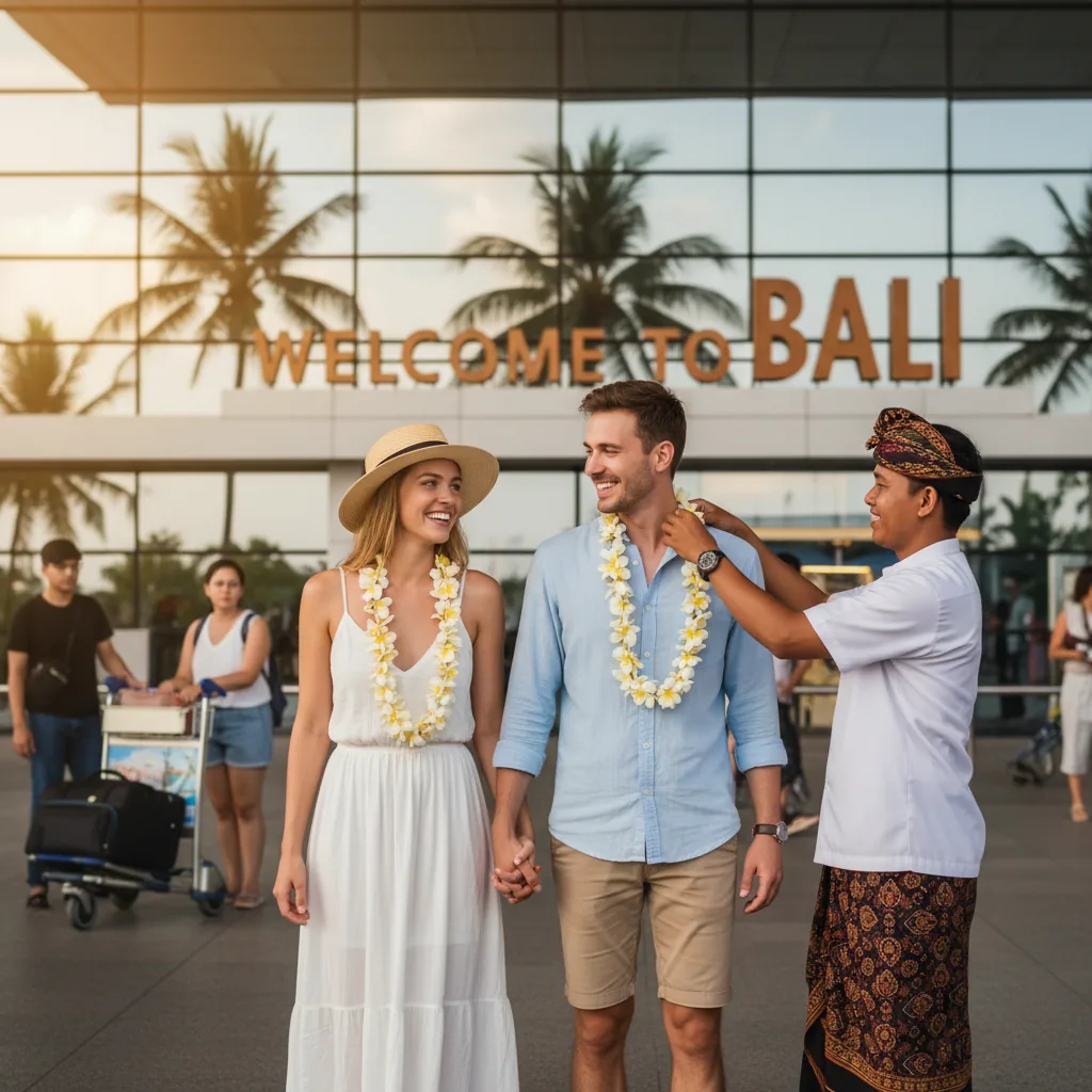 Newlywed couple receiving traditional Balinese flower welcome at Bali airport
