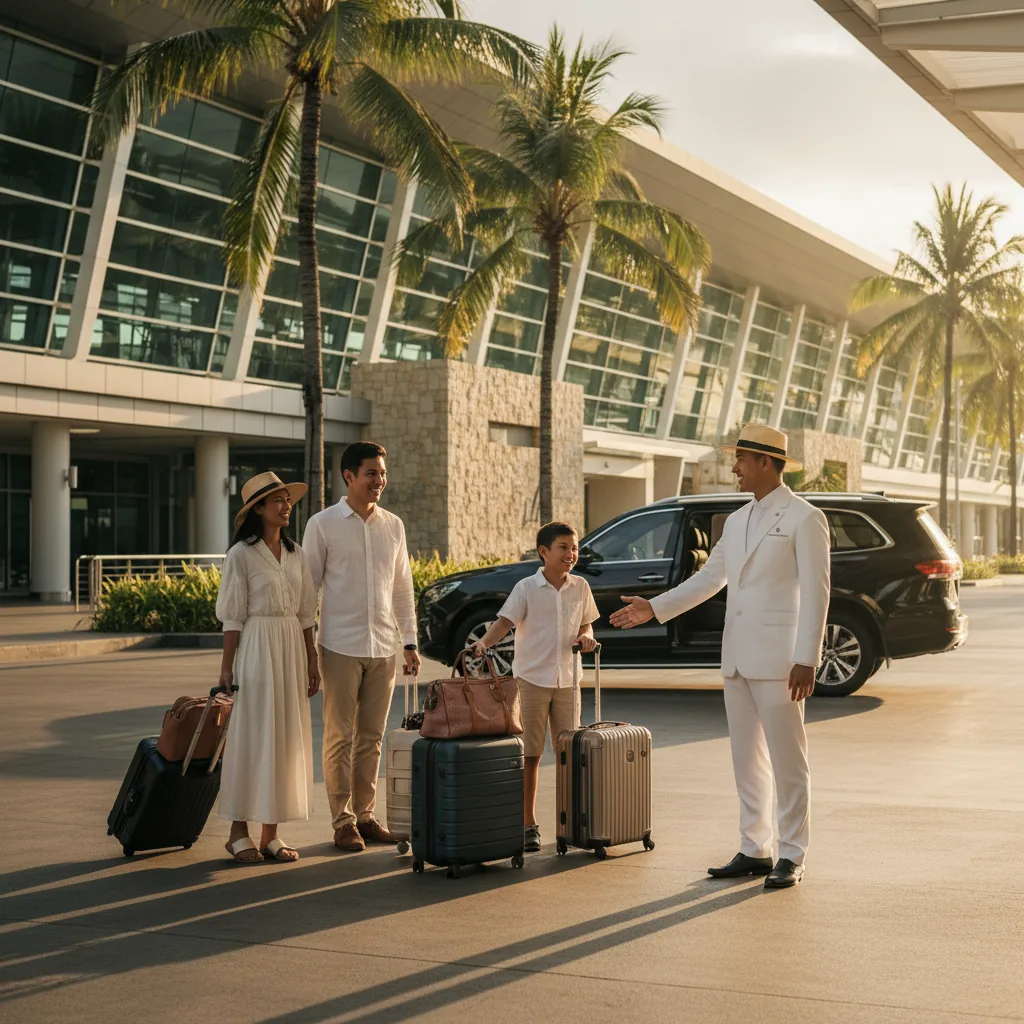 Concierge holding name sign at Bali Ngurah Rai airport arrivals hall meeting a guest