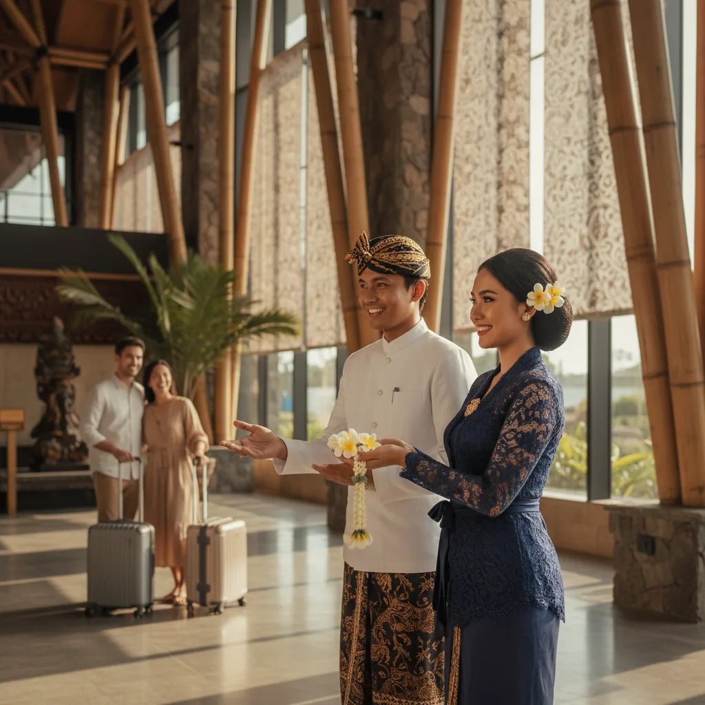 Three professional Bali Fast Track VIP airport concierge agents welcoming travelers with frangipani garland at Ngurah Rai International Airport