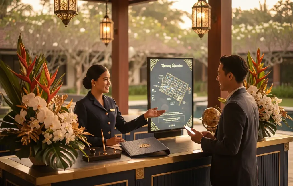 Bali Fast Track concierge welcoming a guest at the reservation desk — VIP airport welcome from $105