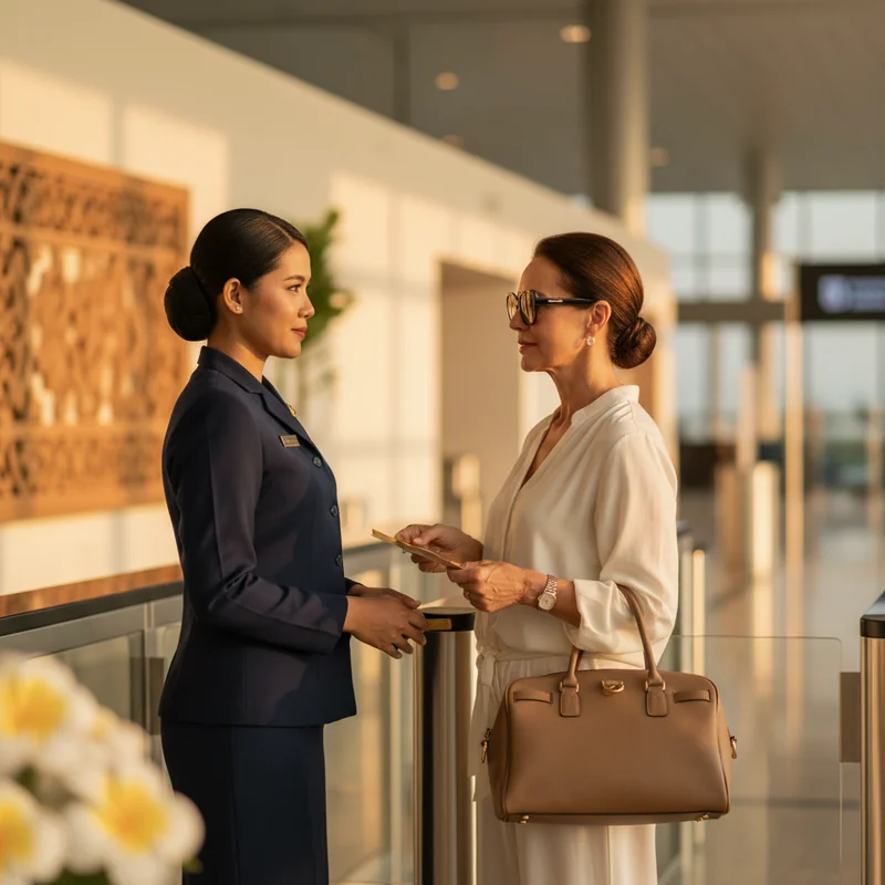 Personal departure concierge assisting a guest inside Bali airport terminal
