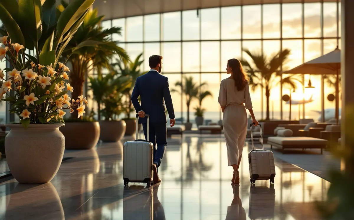 Bali fast track departure concierge escorting a guest with luggage through Ngurah Rai Airport at golden hour