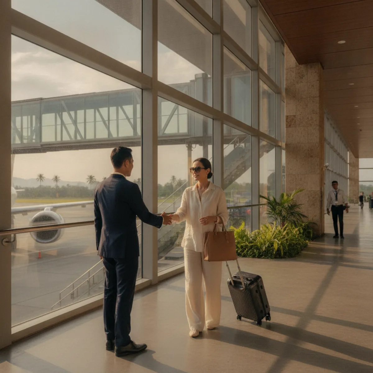 Bali fast track arrival — personal concierge welcoming an arriving guest beside the airbridge at Ngurah Rai International Airport (DPS)