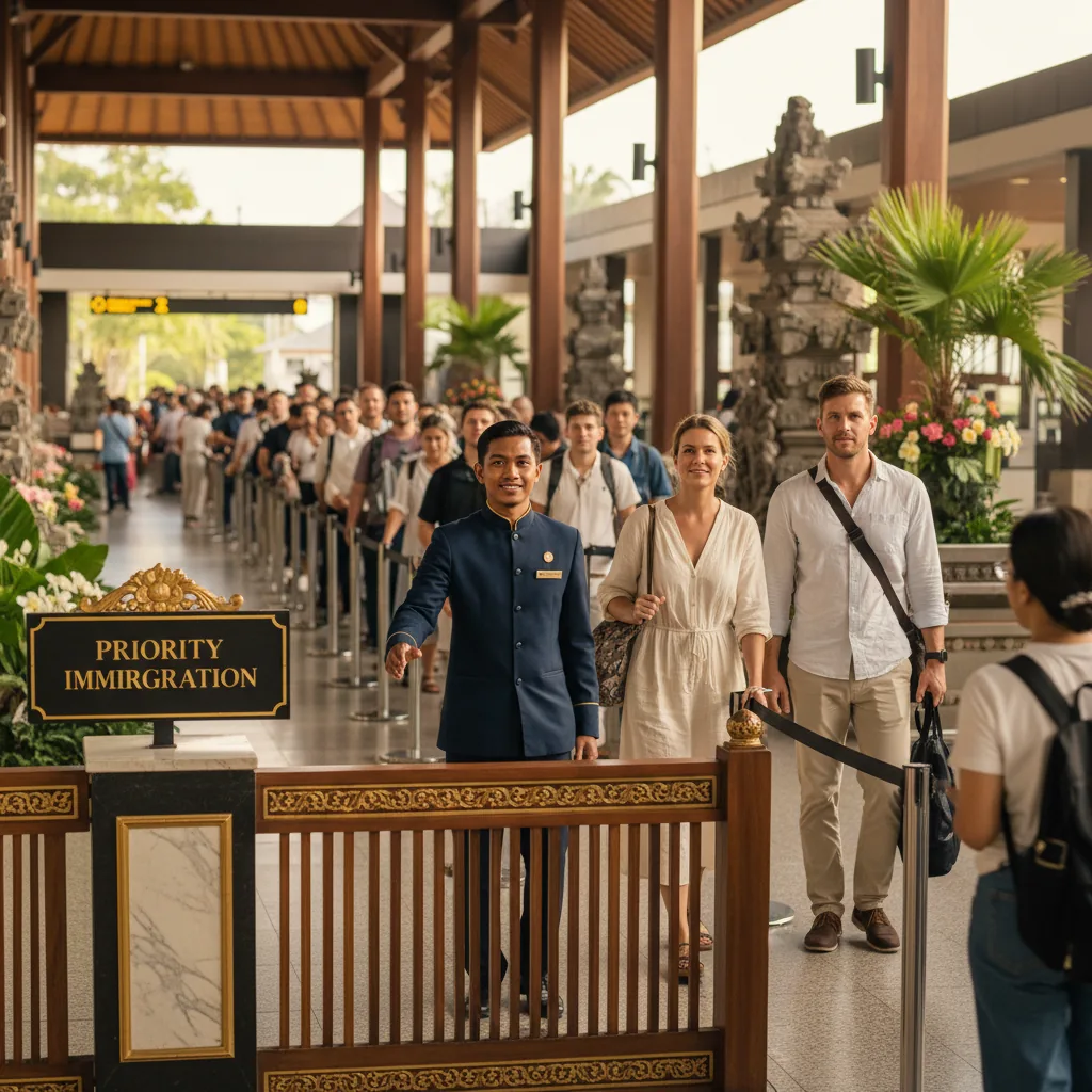 Bali Fast Track concierge guiding travelers through priority lane at Ngurah Rai Airport