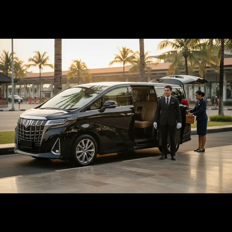 Chauffeur and concierge preparing a luxury Alphard van for an arriving guest at Bali airport