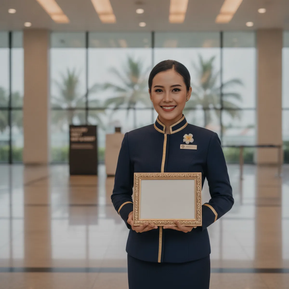 Personal concierge welcoming arriving guests with a gold name board at the airbridge — Bali Airport Meet and Greet, Ngurah Rai (DPS)