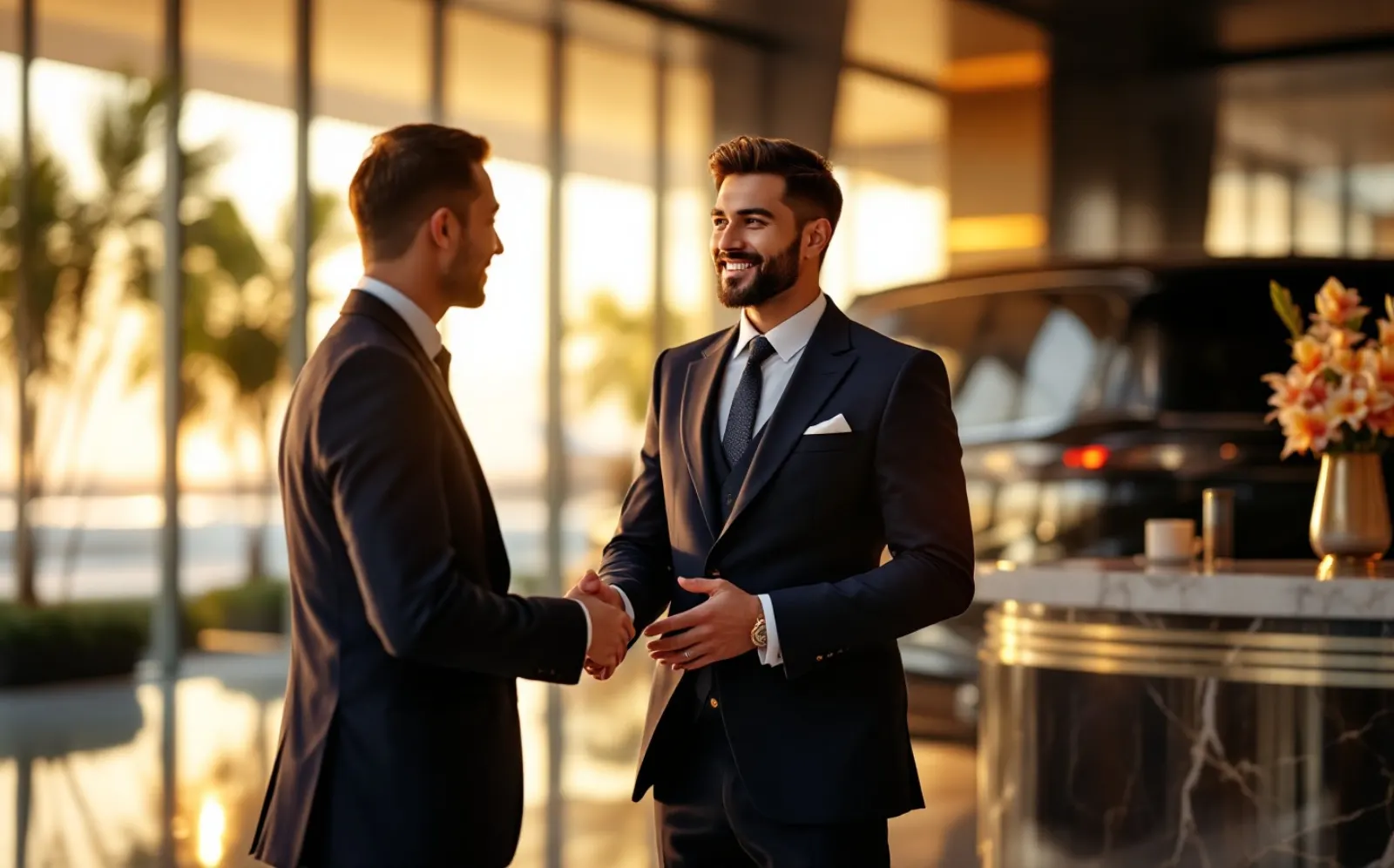 Personal concierge welcoming a guest beside a luxury vehicle at Bali airport — VIP assistance at Ngurah Rai (DPS)