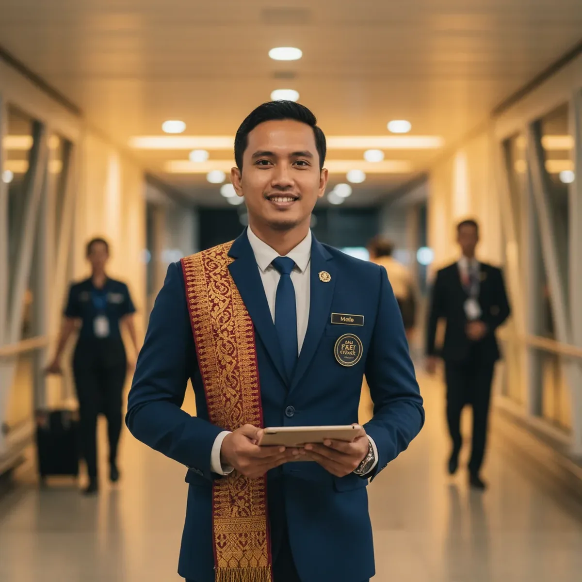Bali Fast Track professional VIP airport concierge agent in tailored navy suit greeting traveler at Ngurah Rai International Airport