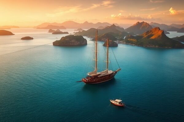 Phinisi sailing yacht anchored near Labuan Bajo harbor at golden hour with tender approaching