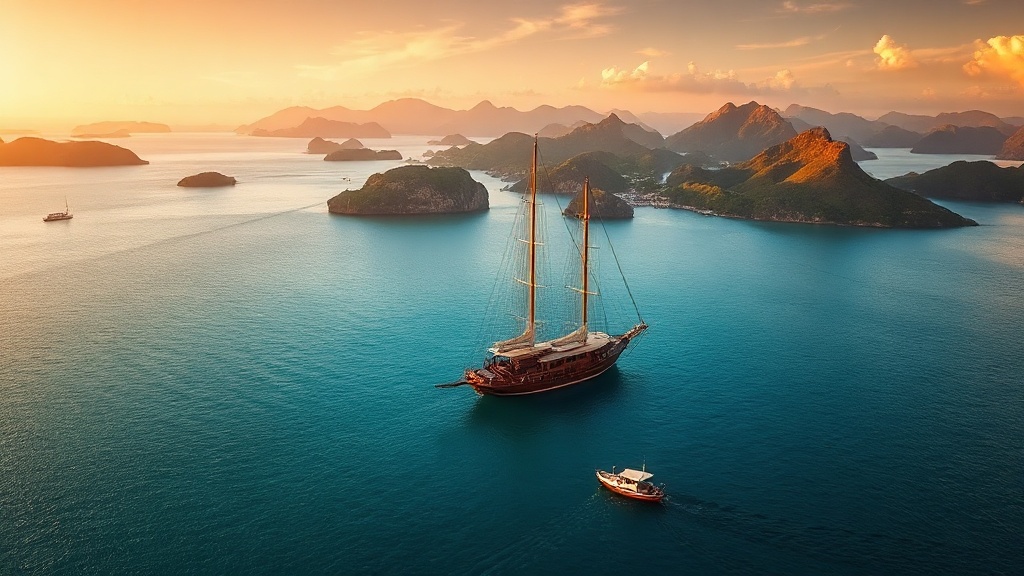 Phinisi sailing yacht anchored near Labuan Bajo harbor at golden hour with tender approaching